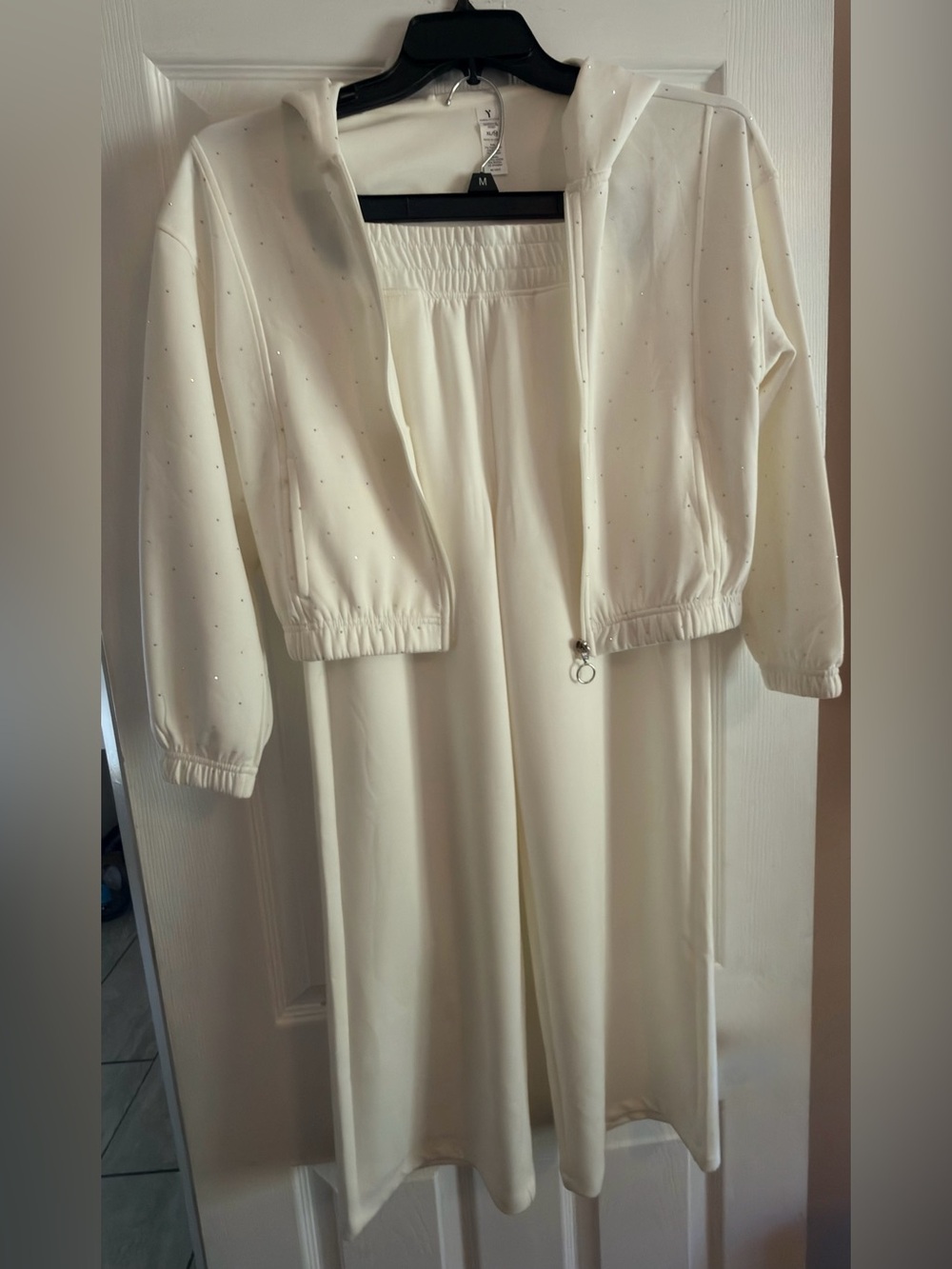 XL GIRLS Cream Wide-Leg Jumpsuit with silver rhinestone Zip Jacket - Picture 2 of 4